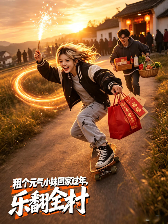 租个元气小妹回家过年，乐翻全村